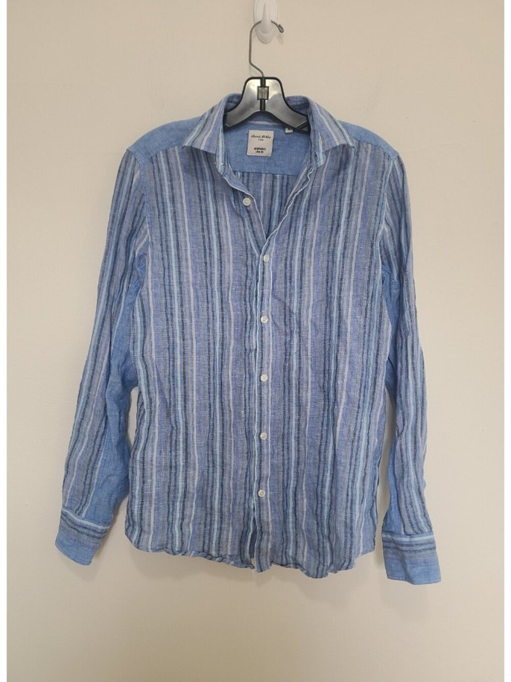 Baird McNutt Murano Slim Fit Button Down Shirt Size S Blue Striped Linen